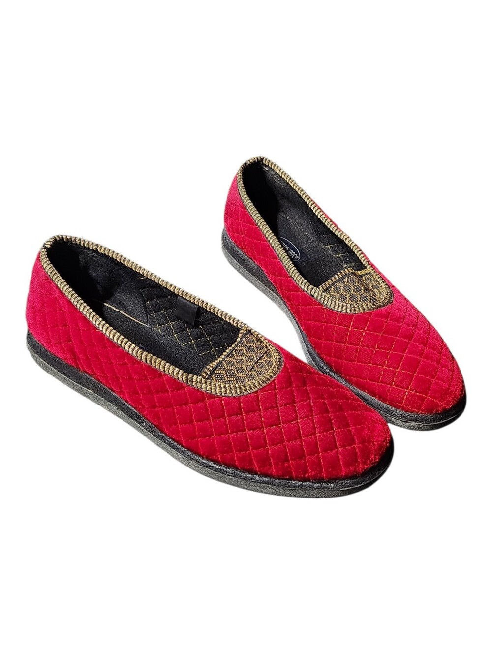 VTG Foamtreads Red Velvet Diamond Stitch Gold Accent Loafer Slippers Size 9.5